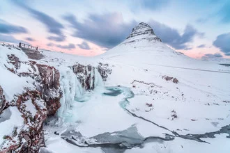 Photo art by Markus Van Hauten: Kirkjufell in winter with waterfall and soft colors