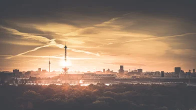 Photo art: colorful city skyline at dawn with soft light