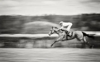 Photo art by Holger Nimtz: Jockey and horse racing in Hoppegarten