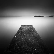 Wall art by Ronnie Baxter: calm jetty at Loch Leven in black and white.