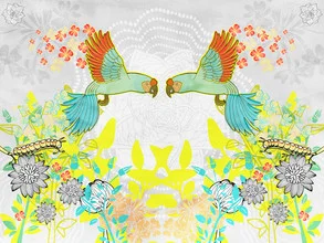 Wall art by Catalina Villegas: colorful macaws surrounded by tropical flora