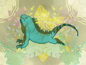 Wall art by Catalina Villegas: stylized depiction of an iguana in the jungle.