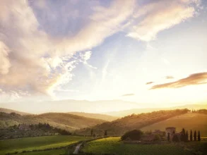 Photo art by Markus Schieder: idyllic Tuscany landscape at sunset