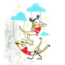 Wandbild von Larvol Marianne: Illustration eines Mädchens, das in Wolken schaukelt