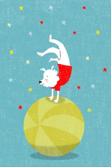 Illustration of a cheerful dog playing with a ball in a circus.