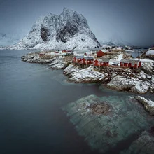 Misty morning scene in Hamnøy, showcasing Norway's serene fjord landscape.