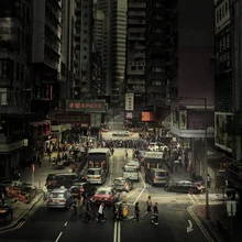 Photo art by Rob van Kessel: busy intersection in Hong Kong with urban vibes.