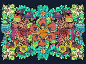 Wandbild von Catalina Villegas: bunte tropische Vogelillustration mit floralen Elementen