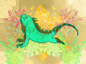 Wall art featuring a wild iguana resting in a lush jungle