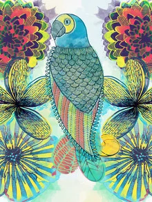 Wall art by Catalina Villegas: colorful parrot in a tropical setting