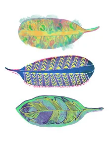 Buntes Wandbild: stilisierte Federn in sanften Farben und harmonischem Design