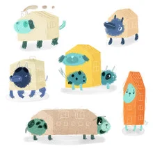 Playful illustration of a dog house with happy dogs at play.