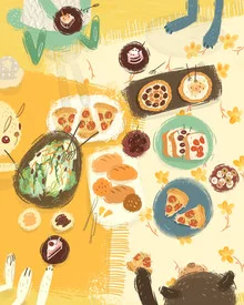 Wall art depicting a cheerful picnic scene with animals and delicious food.