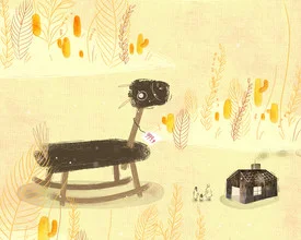 Wall art by Tingting Chen: colorful wooden horse in a gentle setting