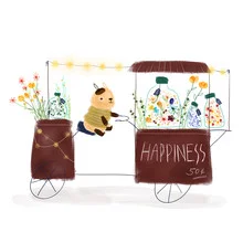 Illustration by Tingting Chen: cheerful seller with flowers and dog in a bright, friendly style