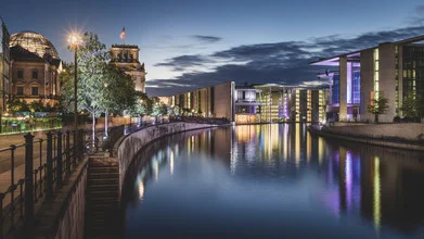 Night shot of Berlin's government district with blue light reflections