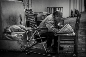 Photo art by Rob Smith: man with dog in a calm street scene in Shanghai