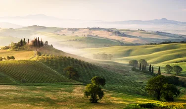 Photo art by Heiko Gerlicher: gentle hillside landscape in Tuscany at dawn
