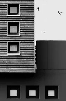 Photo art by Manuela Deigert: three windows in black and white with geometric shapes