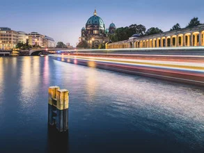 Photo art by Ronny Behnert: Berlin Cathedral at dusk, calm Spree with boats