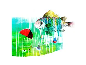 Wandbild von Alexandra Sternin: Farbige Traumszene mit Fischen und Regenschirm im Sommerregen.
