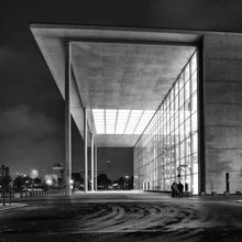 Black and white photo art: modern building in the government district at night