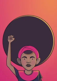 Illustration by Ndumiso Nyoni: girl with Afro and fist, cheerful mood.