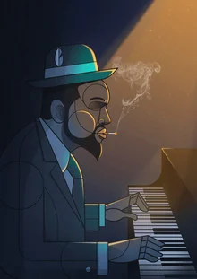 Illustration of a pianist with a cigarette, relaxed jazz mood