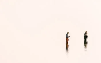 Photo art by Anne Beringmeier: women fishing at Taungthamam Lake in Myanmar