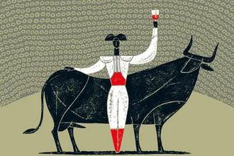 Wall art by Jean-Manuel Duvivier: cheerful bullfighter with a glass of wine
