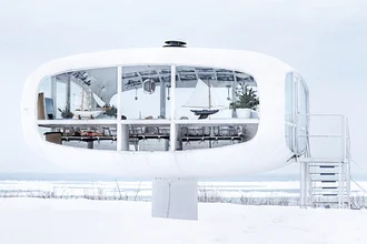 Photo art by Michael Belhadi: winter landscape with snowy sea and lifeguard station