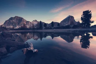 Photo art by Franz Sussbauer: calm lake in the Dolomites at sunrise