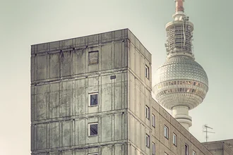 Photo art by Michael Belhadi: view of the TV Tower and concrete buildings in Berlin Mitte.