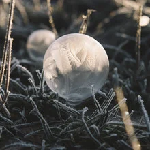 Photo art by Nadja Jacke: soap bubbles on cold, frozen grass in winter light