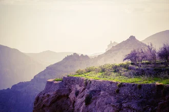 Fotokunst von Eva Stadler: Grüne Klippen und das Tal in Oman