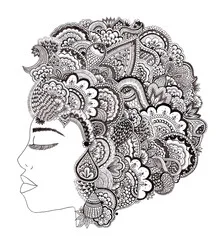 Wall art by Bianca Green: Woman with floral hair in vibrant colors.