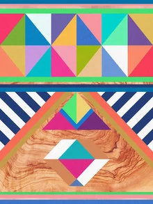 Colorful geometric illustration featuring diagonal stripes and patterns