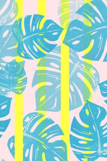 Linocut featuring a neon monstera, soft pastel colors and stripes in the background