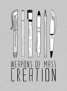 Wall art by Bianca Green: creative illustration of writing tools and colors.