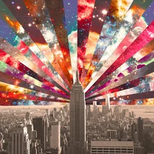 Wall art by Bianca Green: vibrant collage featuring New York skyline and galaxy