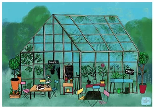 Illustration by Constanze Guhr: a cozy greenhouse surrounded by greenery.