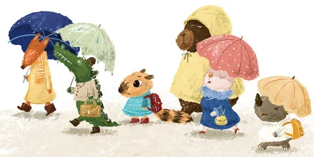 Illustration by Tingting Chen: cheerful animals under an umbrella in the rain