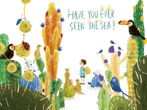 Wall art by Tingting Chen: playful illustration of a child with cacti at the sea