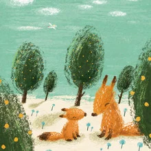 Illustration of a fox family in a serene forest setting