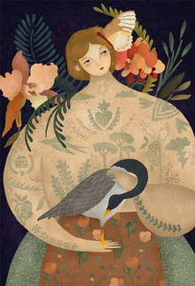 Illustration by Amalia Restrepo: wild geese in a garden surrounded by blooming flowers.