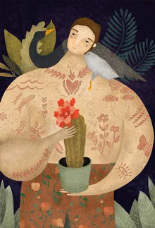 Illustration eines Mannes mit Gänsen und Blumen im digitalen Stil