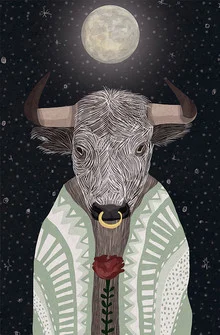 Illustration eines Stiers unter dem Vollmond, umgeben von Sternen und Licht