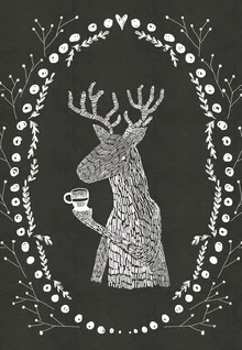 Illustration of a cheerful moose enjoying tea in a festive setting.