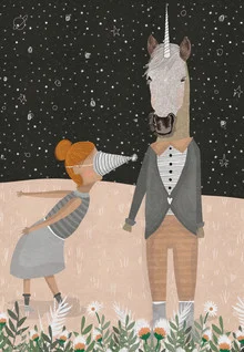 Illustration of a unicorn party under a starry sky with colorful flowers.