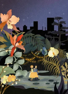 Illustration von Amalia Restrepo: Pärchen unter dem Sternenhimmel mit Orchideen